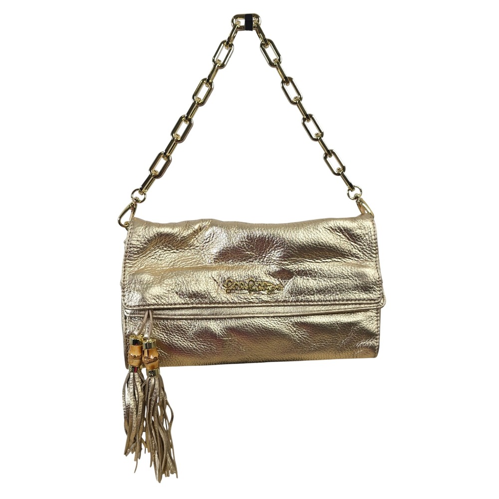 Lilly Pulitzer Banyan Clutch Gold Metallic Leather Bamboo Tassel Bag 14788 NEW